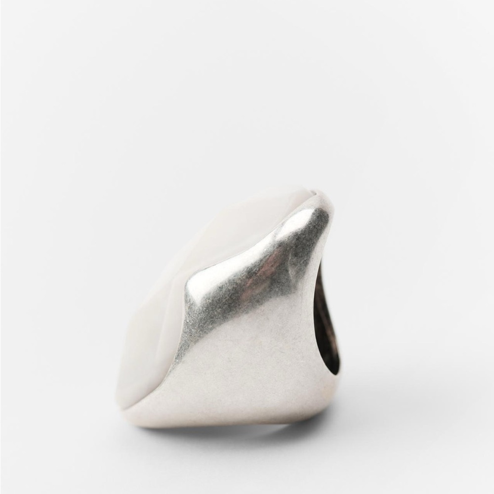 Zara Silver Tone Modern Asymmetrical Maxi Ring w/ Faceted Stone in White ‘Pearl’